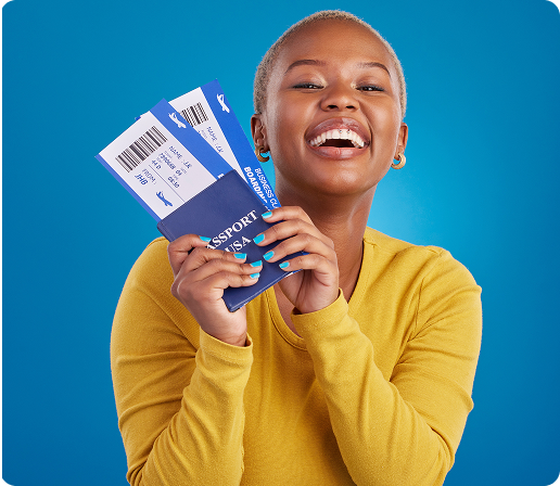 Happy client celebrating with travel documents